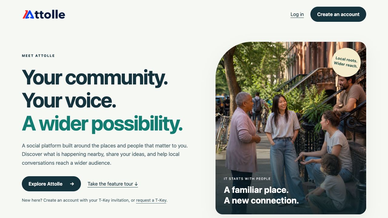 The live Meet Attolle page showing Your community, Your voice and a neighborhood illustration