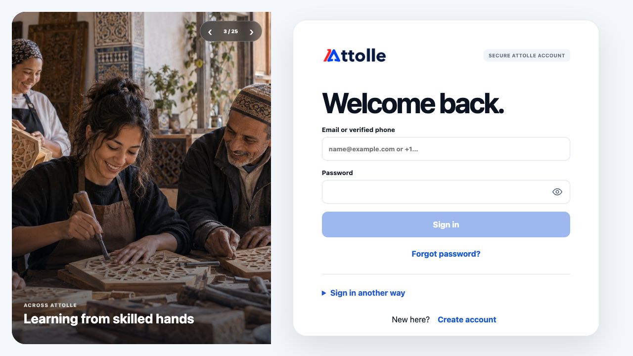 Attolle’s live welcome screen with community imagery and an empty account sign-in form