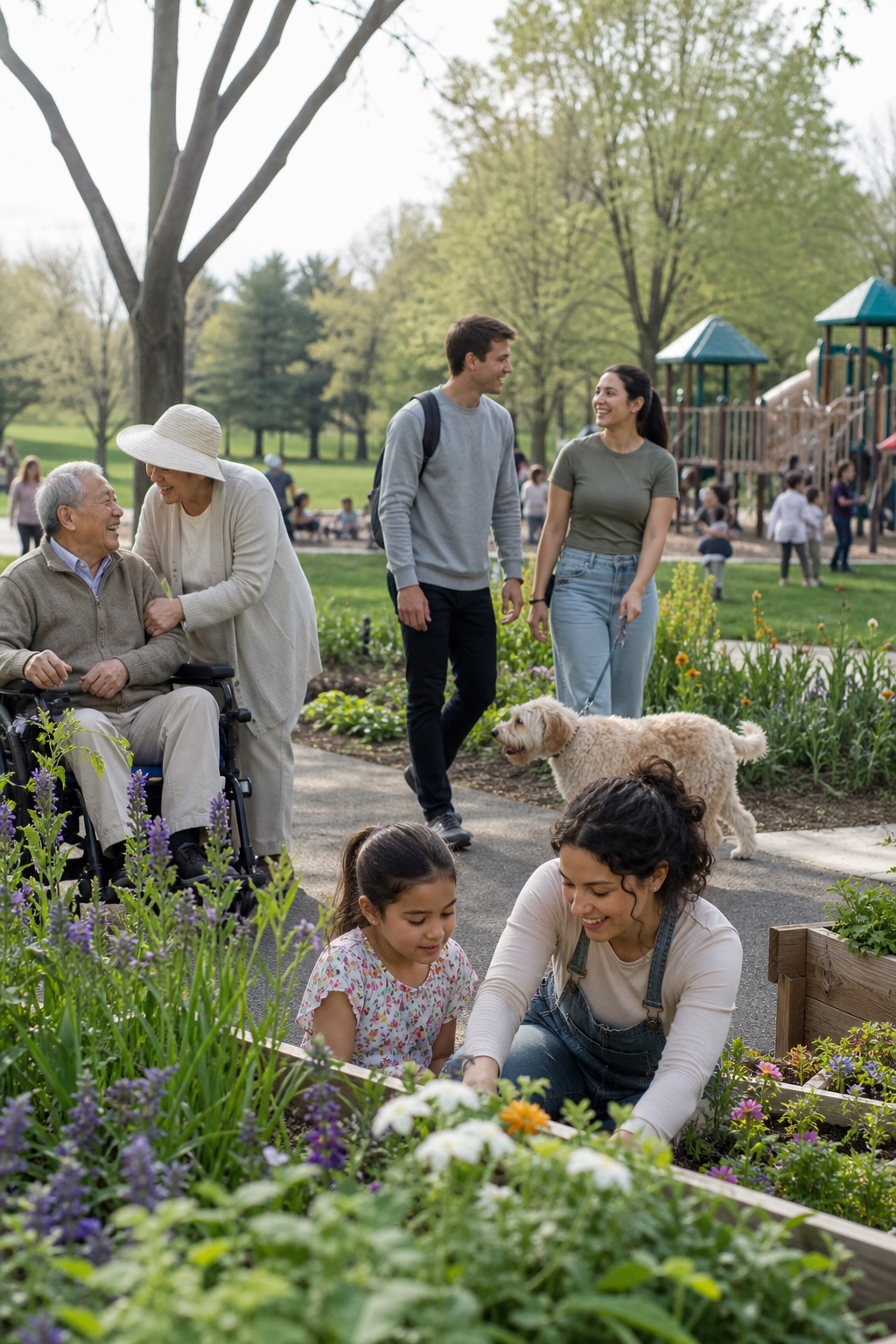 Families and neighbors enjoying a green community park