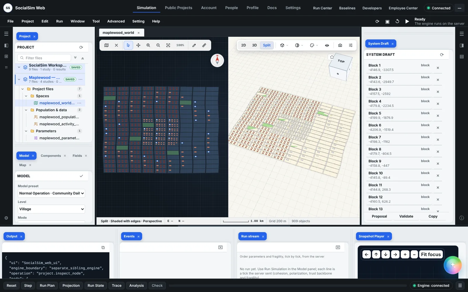 The SocialSim workspace showing a town in 2D and 3D side by side