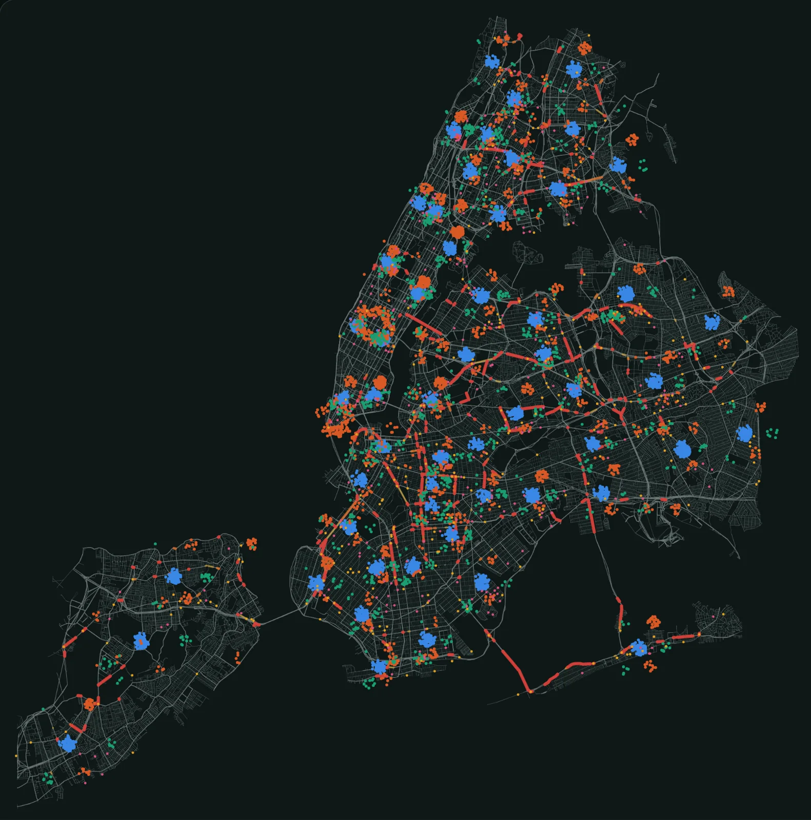 A real engine run: New Yorkers at 08:30, at home, at work, out, and driving or walking along the streets, with the main roads coloured where traffic slows